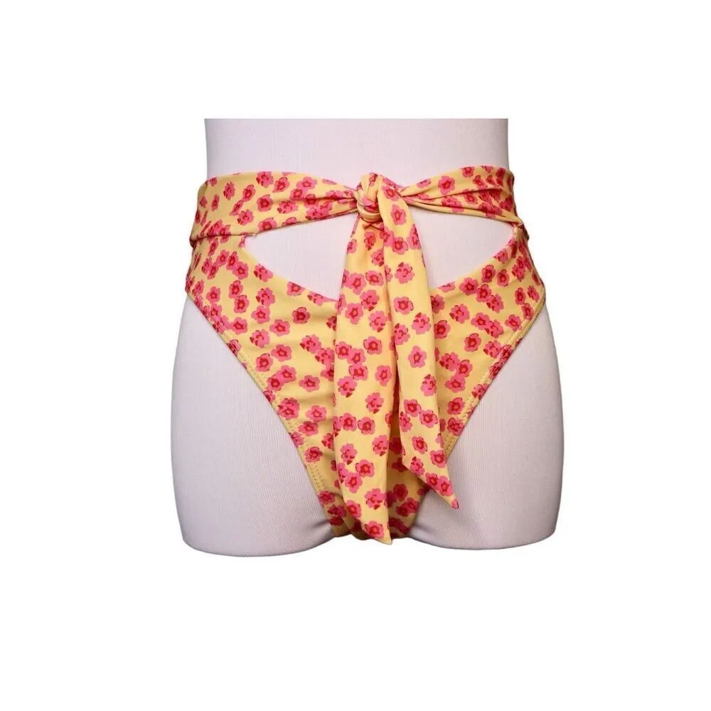 Xhilaration Pink Yellow‎ Floral 2pc Bikini Cheeky Bottom Swimsuit sz MEDIUM - Image 7