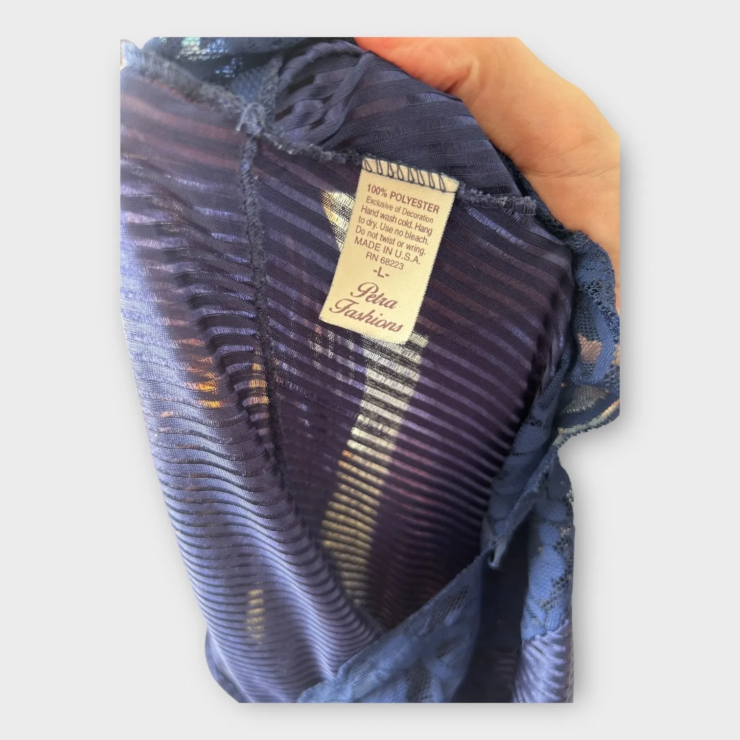 Vintage Petra Fashions Maxi Nightgown with Lace Panel Women's sz Large Navy Blue - Image 9