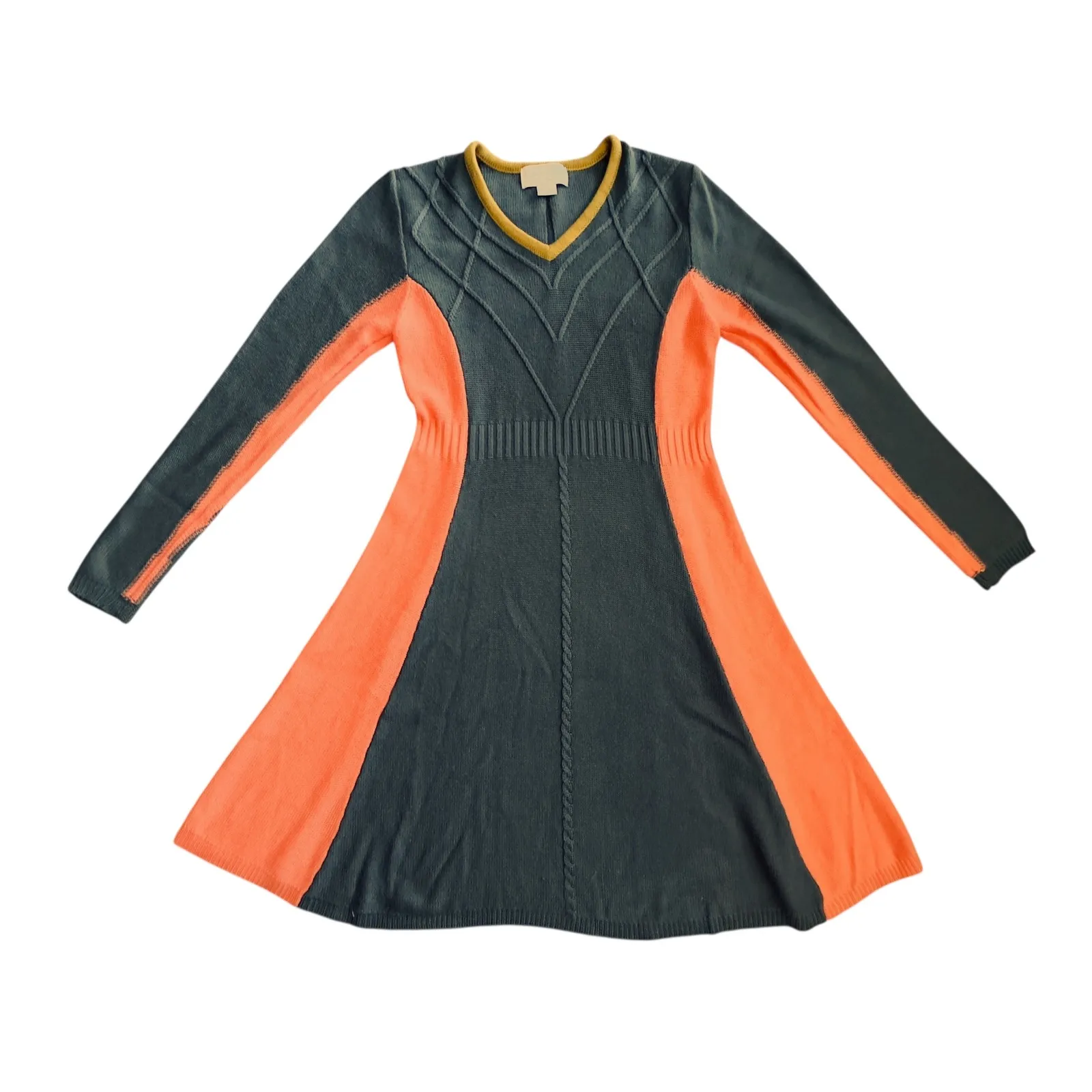 Jessica Simpson Colorblock Knit V Neck Long Sleeve Sweater Dress Coral Gray M - Image 2