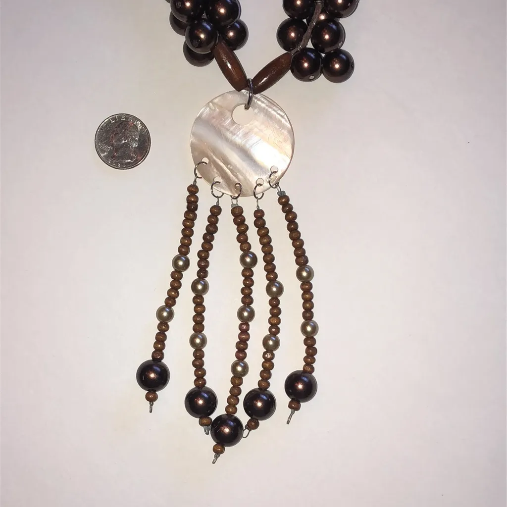 Chic Brown Wood Beaded Boho Necklace with Shell Pendant - Image 4