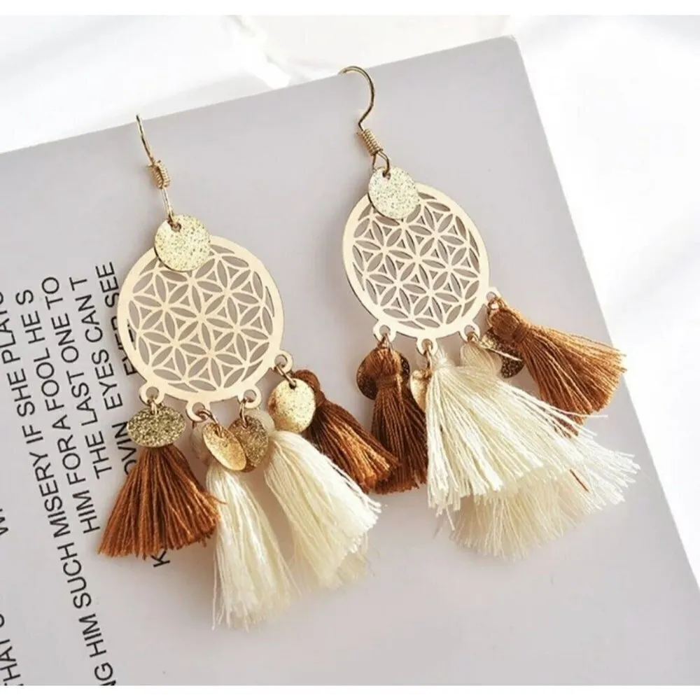 Tassel Boho dangle Earrings Bohemian m Hollow tan beige gold womens jewelry NEW - Image 3