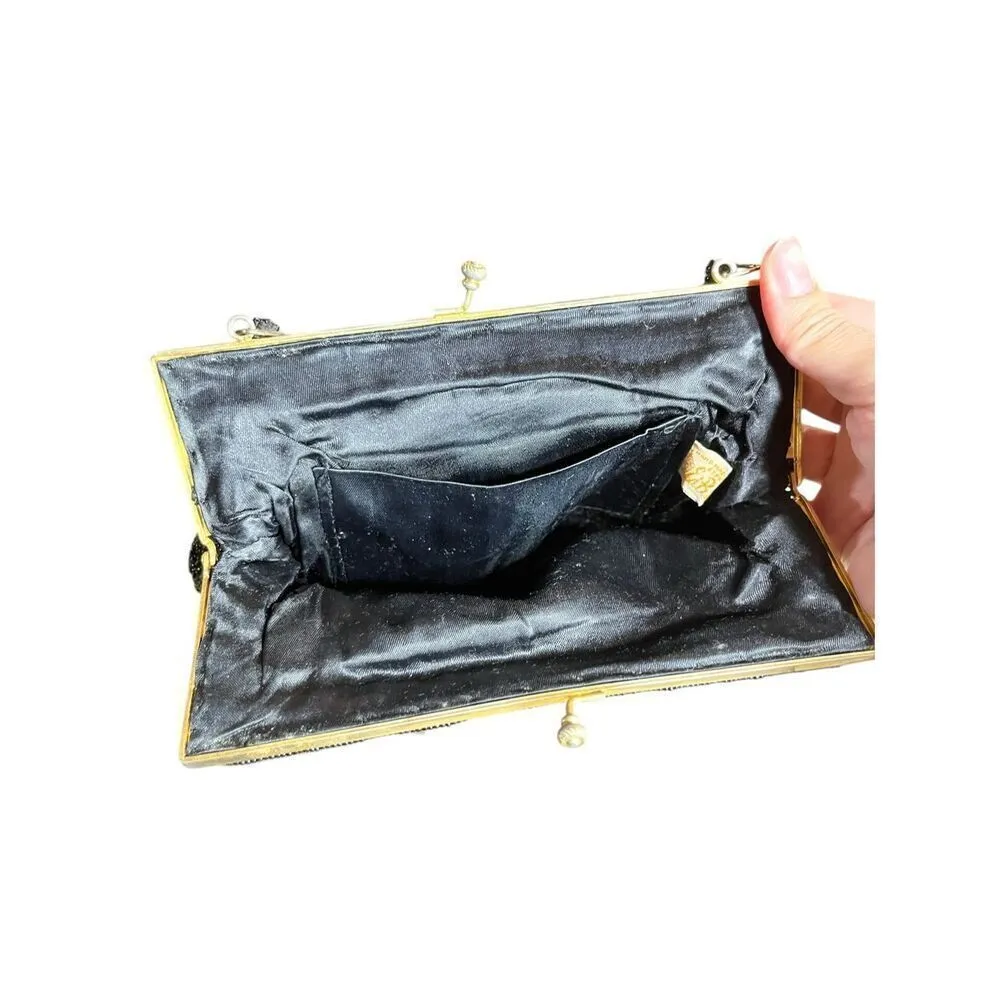 Vintage Beaded Handbag Black Beads Over Tapestry Kiss Lock Clasp Single Handle Black - Image 7