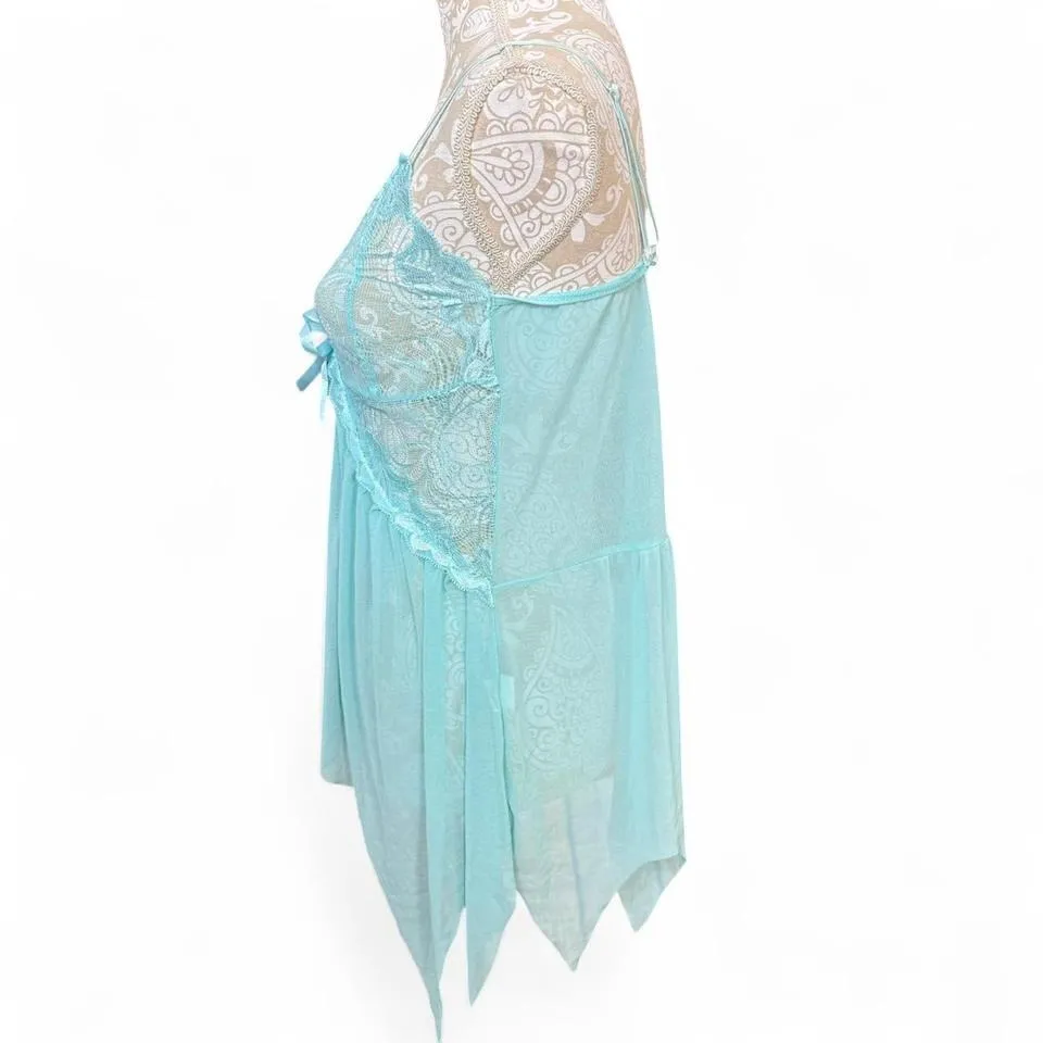 Fairycore Babydoll Teal Camo Half Slip Sheet Lace Tank Top Sheer Flowy Size L - Image 4