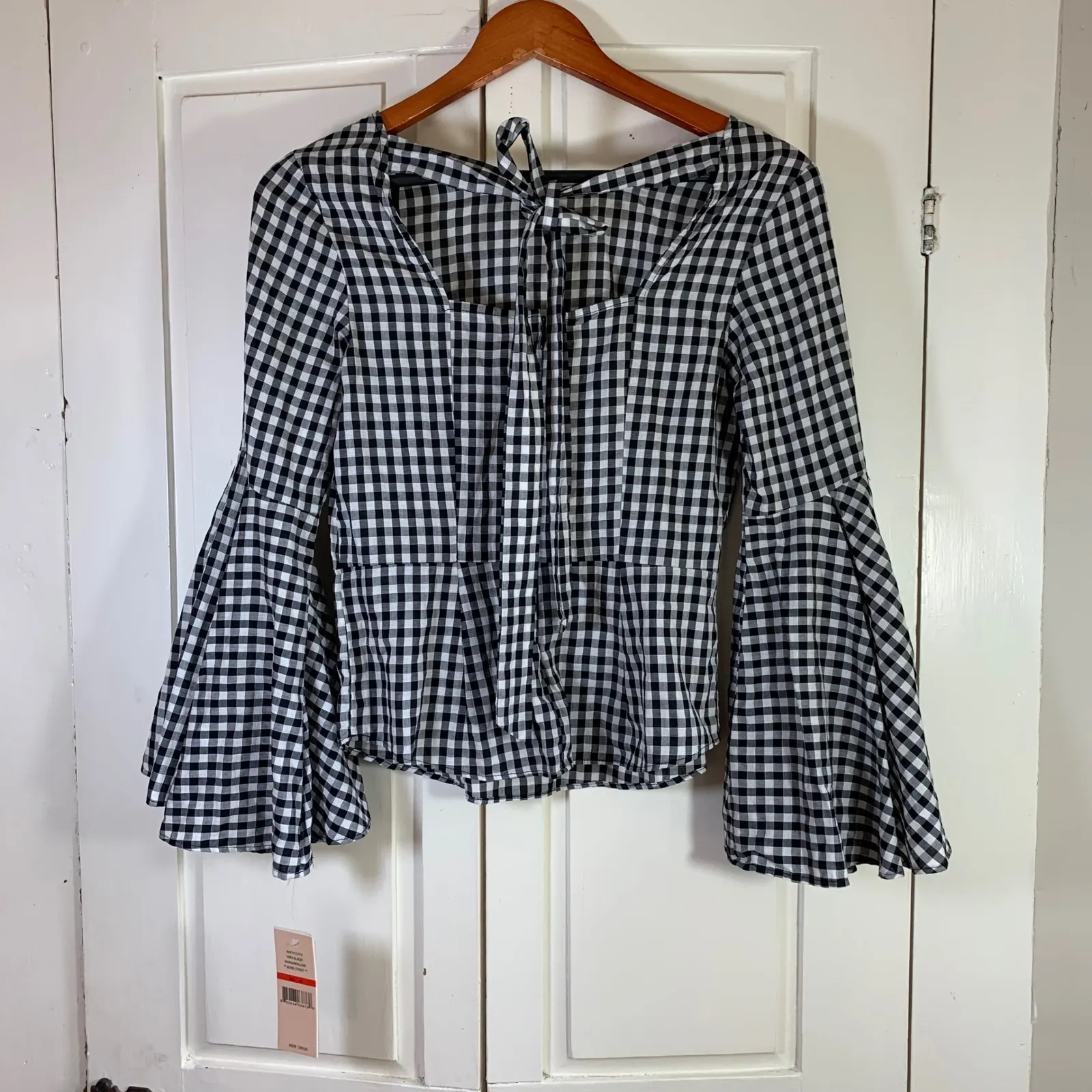 Nanette Lepore Women's Gingham Bell Sleeve Peplum Blouse‎ XS Black/White New - Image 2