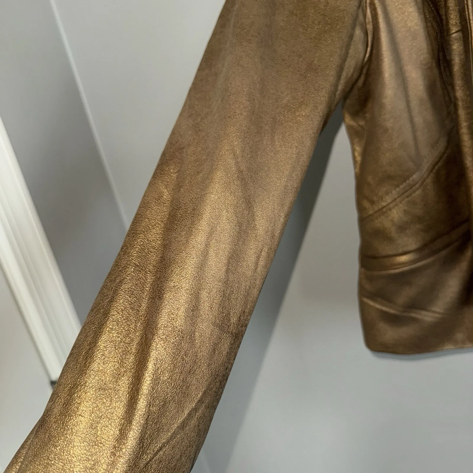 Cache Jacket Womens 12 Metallic Gold Open Front Waterfall Shoulder Pads Cropped - Image 8