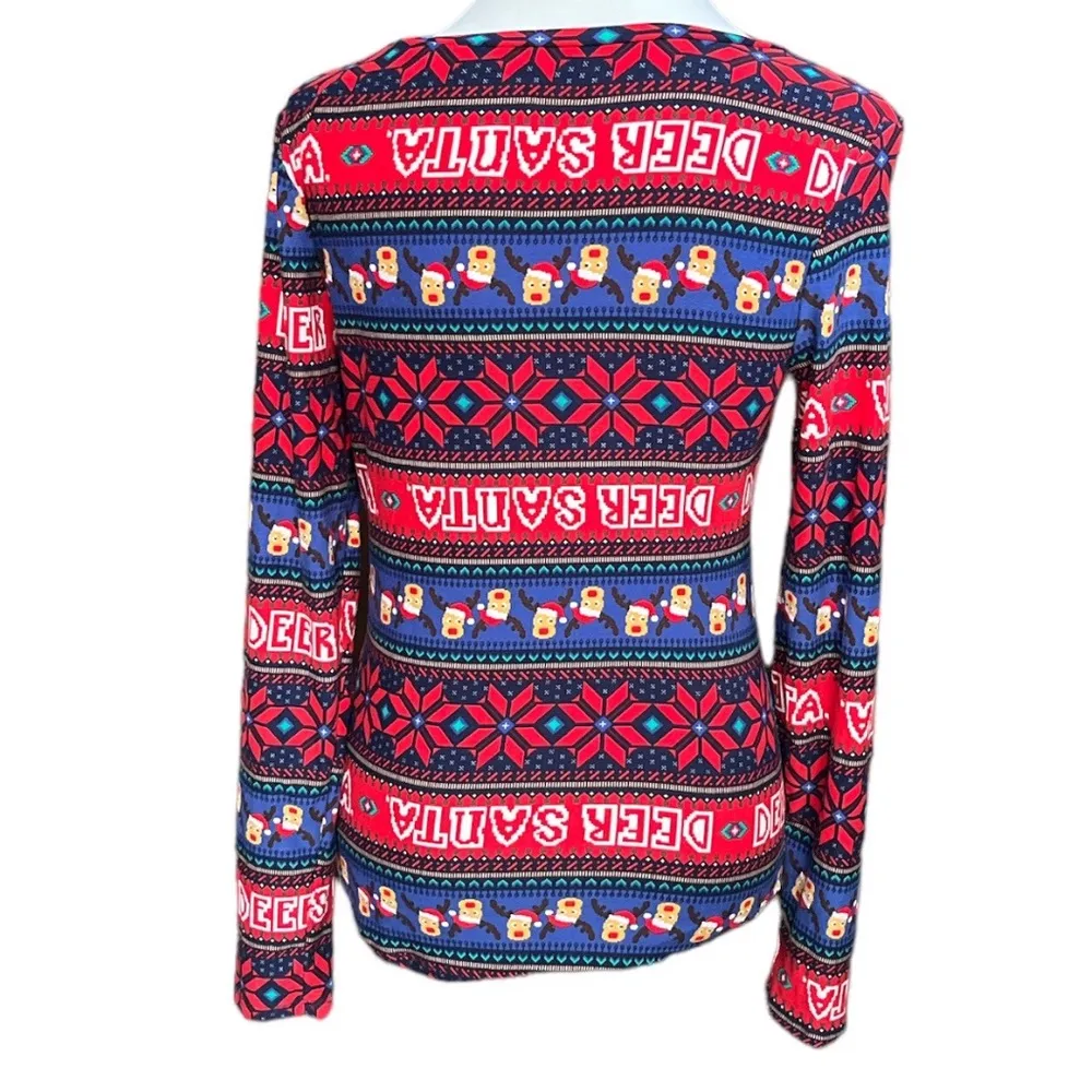 No Boundaries Deer Santa Reindeer Poinsettia Pajama Shirt Red Blue Size Large - Image 2