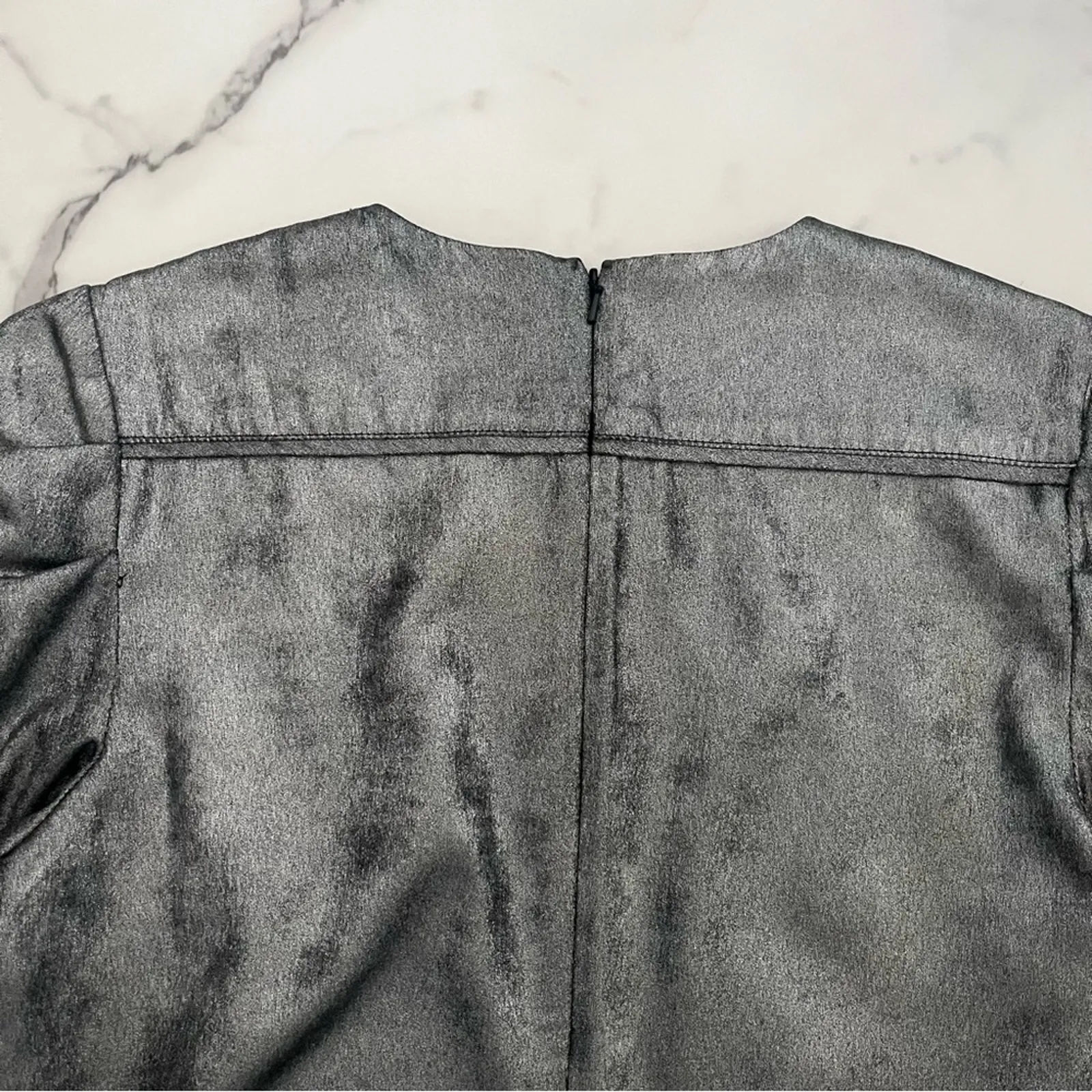 Something Navy Foil mini dress Sz Medium Silver metallic puff sleeves Rave party - Image 12