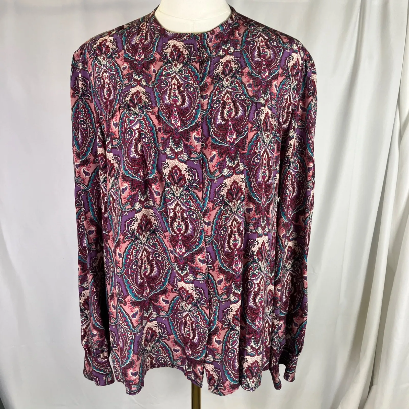 Cesarani Vintage Silk Paisley Print Long Sleeve Blouse Top Women's Size 14‎ Purple - Image 12
