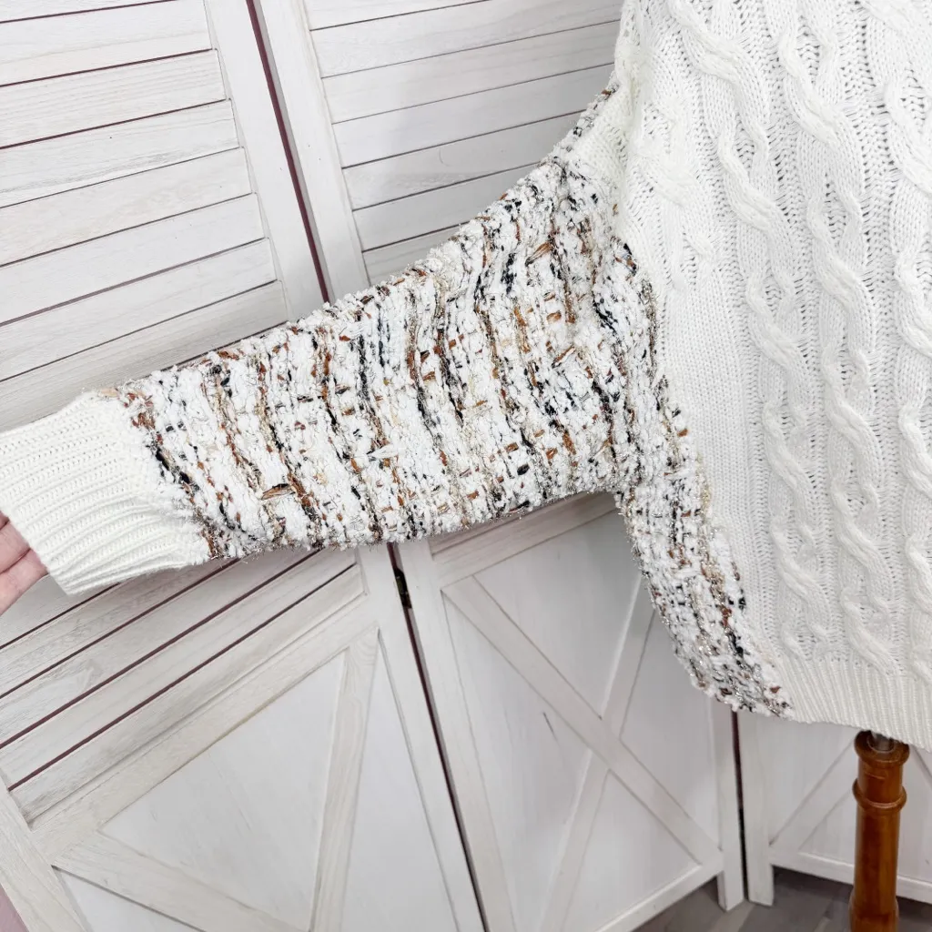 andthewhy Cable Knit Plaid Tweed Knit Back Crew Neck Slouchy Sweater White - Image 9