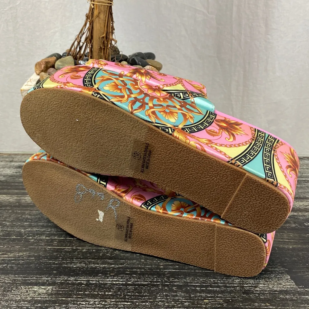 Liliana Pink & Gold Print Platform Slide Sandal Shoes 10 - Image 5