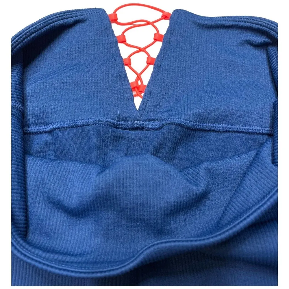 Fabletics High Waisted Seamless Ribbed Legging Corset Workout Yoga Teal Blue S - Image 9