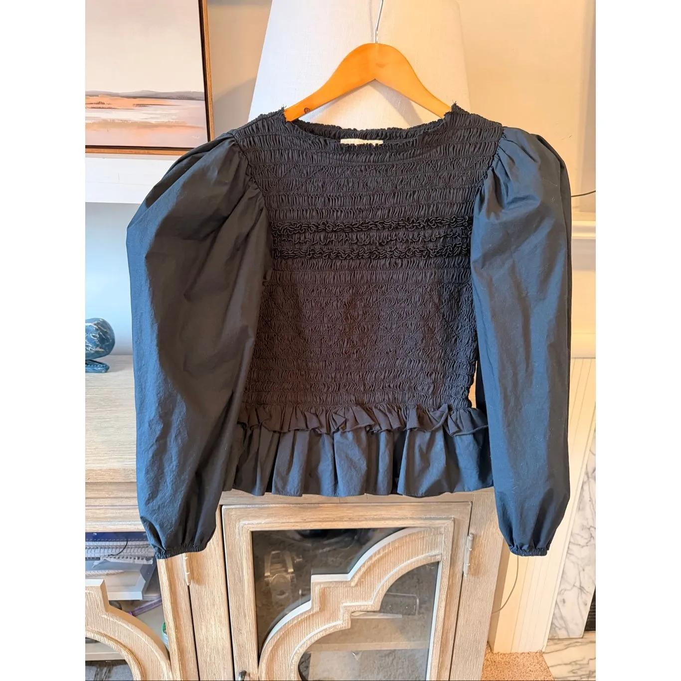 Ulla Johnson Amelia smocked cotton-jersey and poplin blouse in black Size 6 - Image 2