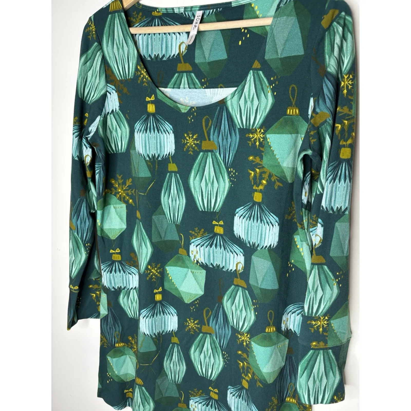 Soma Women Size M Sleep Dress Nightgown Ornaments Snowflakes Green Round Neck Size M - Image 2