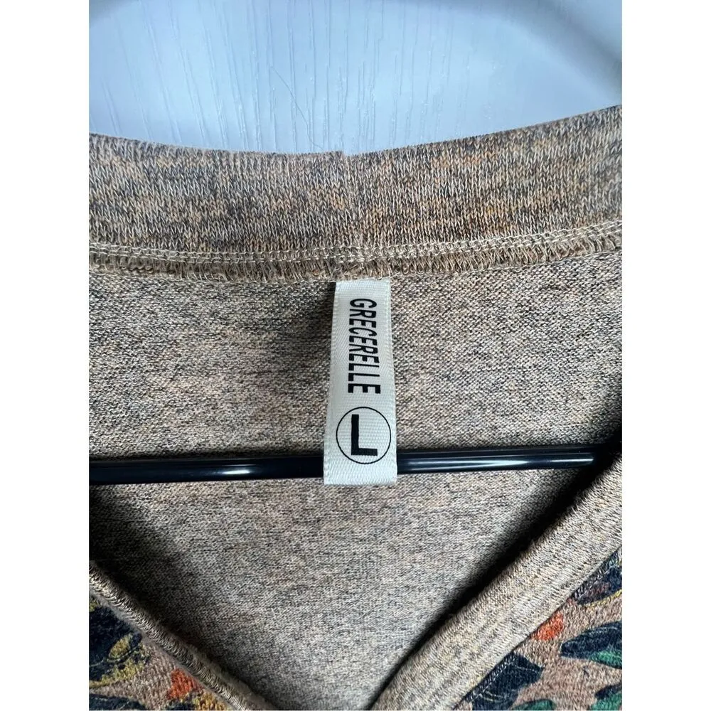 Grecerelle Floral Pattern Half Button Up Cardigan Sweater With Pockets Brown Size L - Image 3