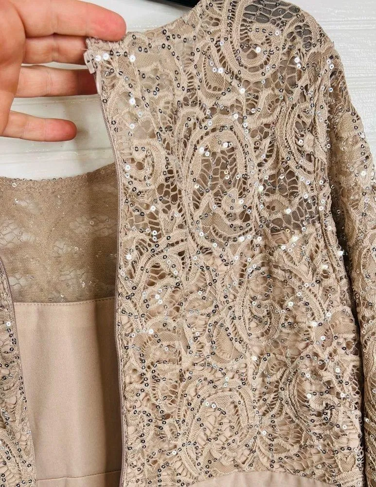 Alex Evenings 16 P Nude Beige Sequin Lace Empire Waist Gown Formal Needs Zipper - Image 9