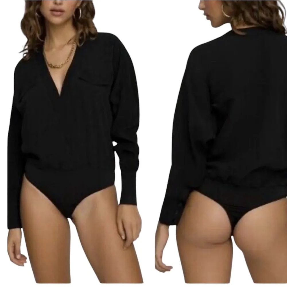 Utility Wrap Bodysuit Black Sz 1/S Long Sleeve Pockets Stretch - Image 2