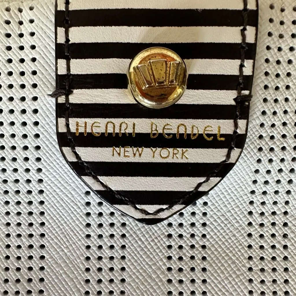 Henri Bendel Brown & White Stripe Perforated Clutch Bag Purple Satin Interior - Image 4
