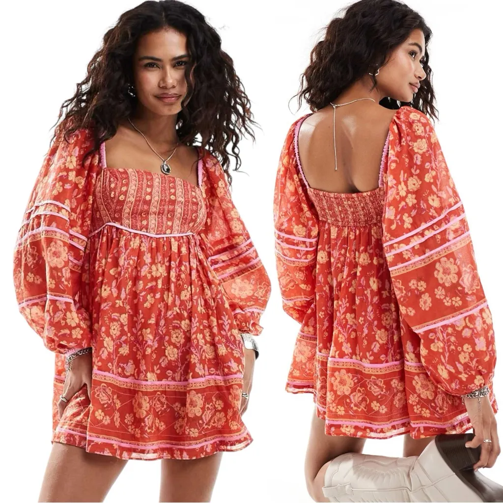 Free People Bohemian Retro 70s Flower Child Endless Afternoon Mini Dress XS Fall - Image 5