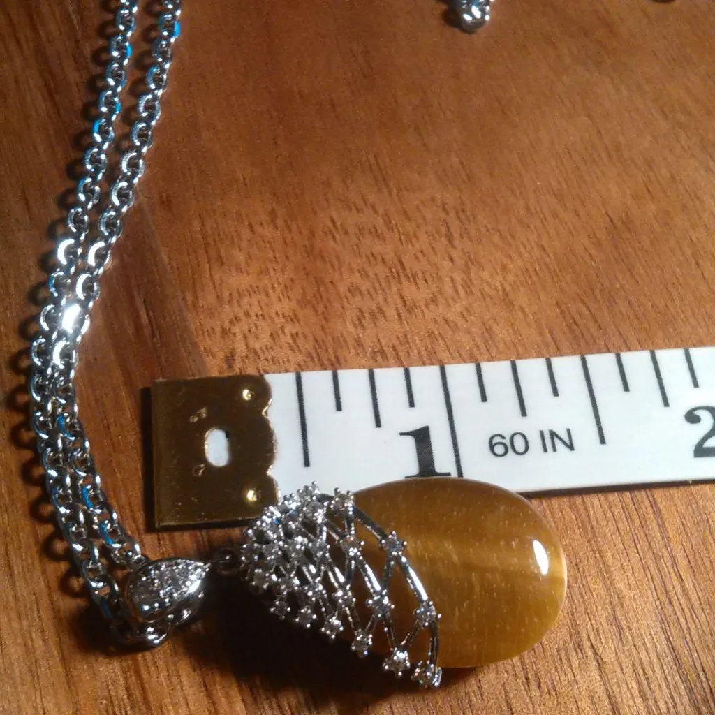 Netted Tiger's Eye and White Zircon Silvertone Pendant Stainless Steel Necklace - Image 6