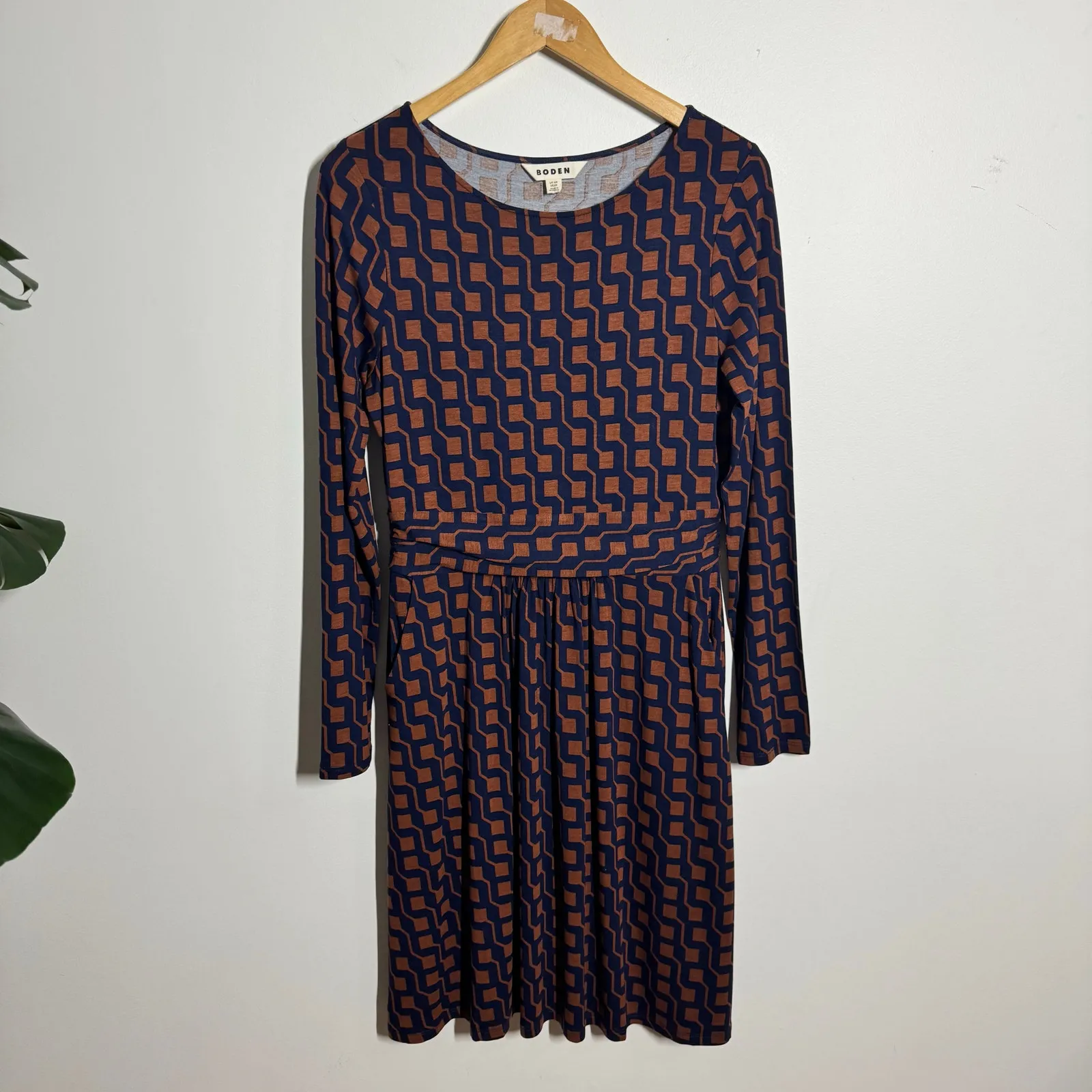 Boden Abigail Brown Blue Geometric Stretch Jersey Midi Dress Women 8R Pocket Mod Size 8 - Image 2