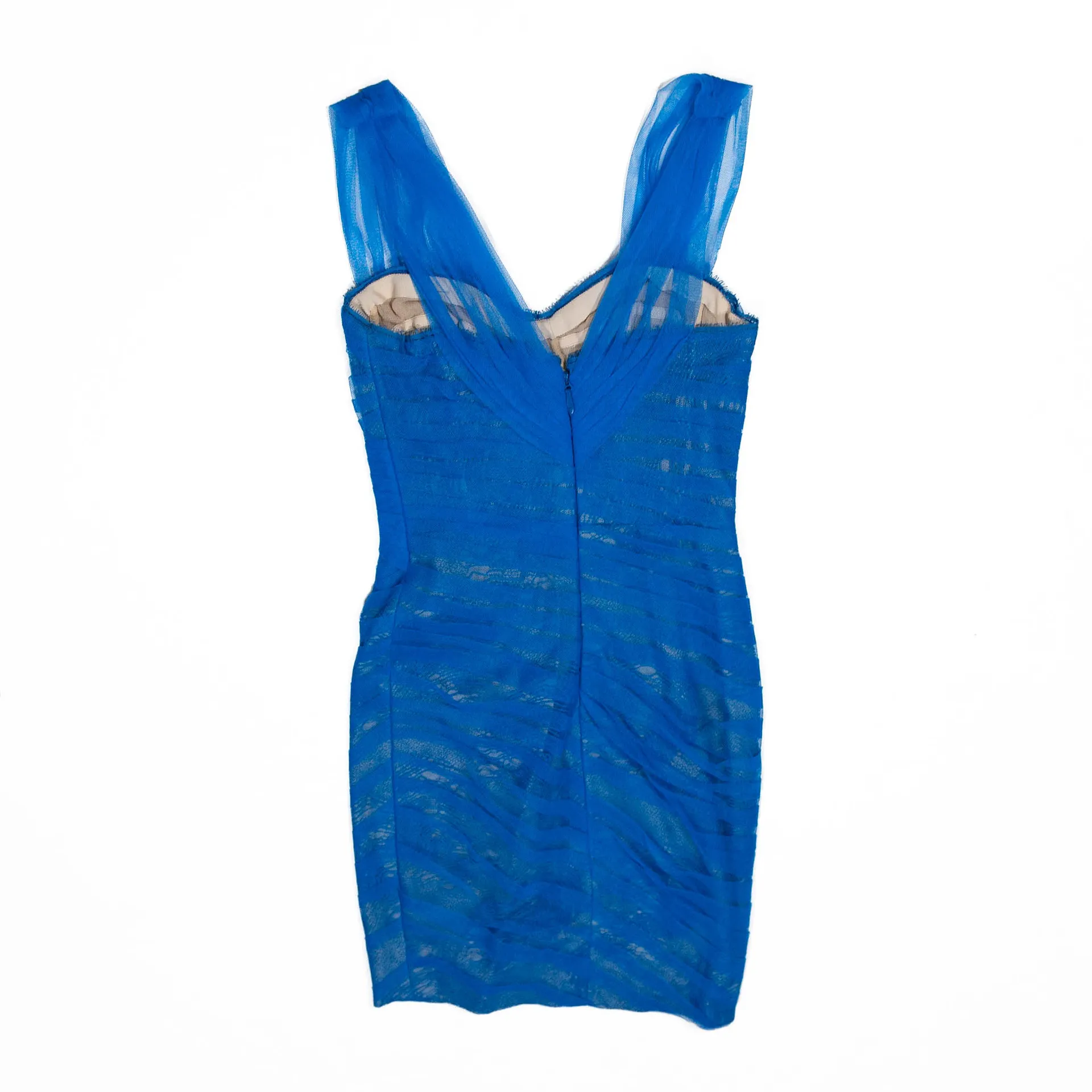 Monique Lhuillier  Cobalt Blue Tulle Mesh Pleater Semi Sheer Overlay Mini Dress 2 - Image 4