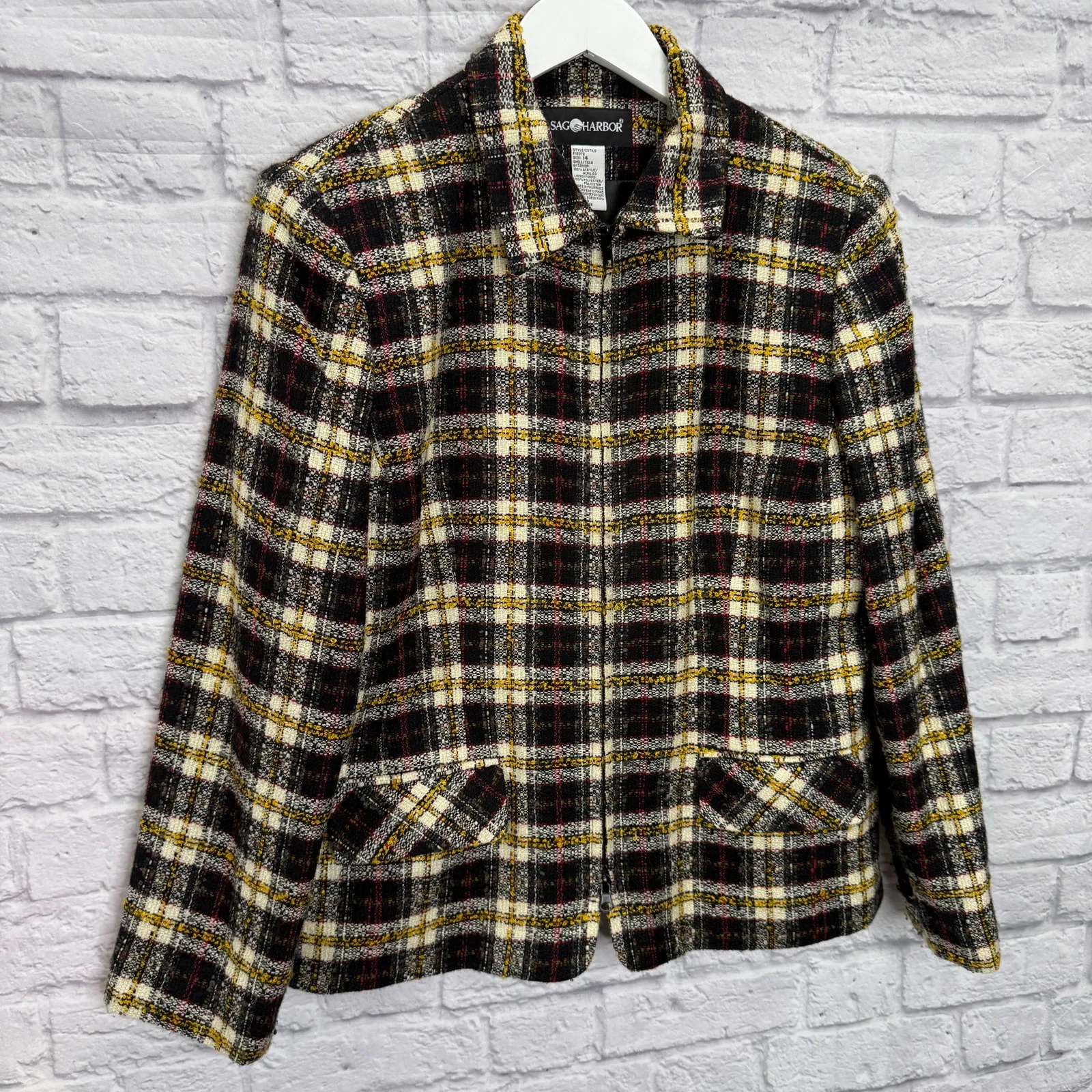 Vintage Sag Harbor Yellow Black Plaid Shacket Blazer Zip Size 14 Academia Y2K - Image 2