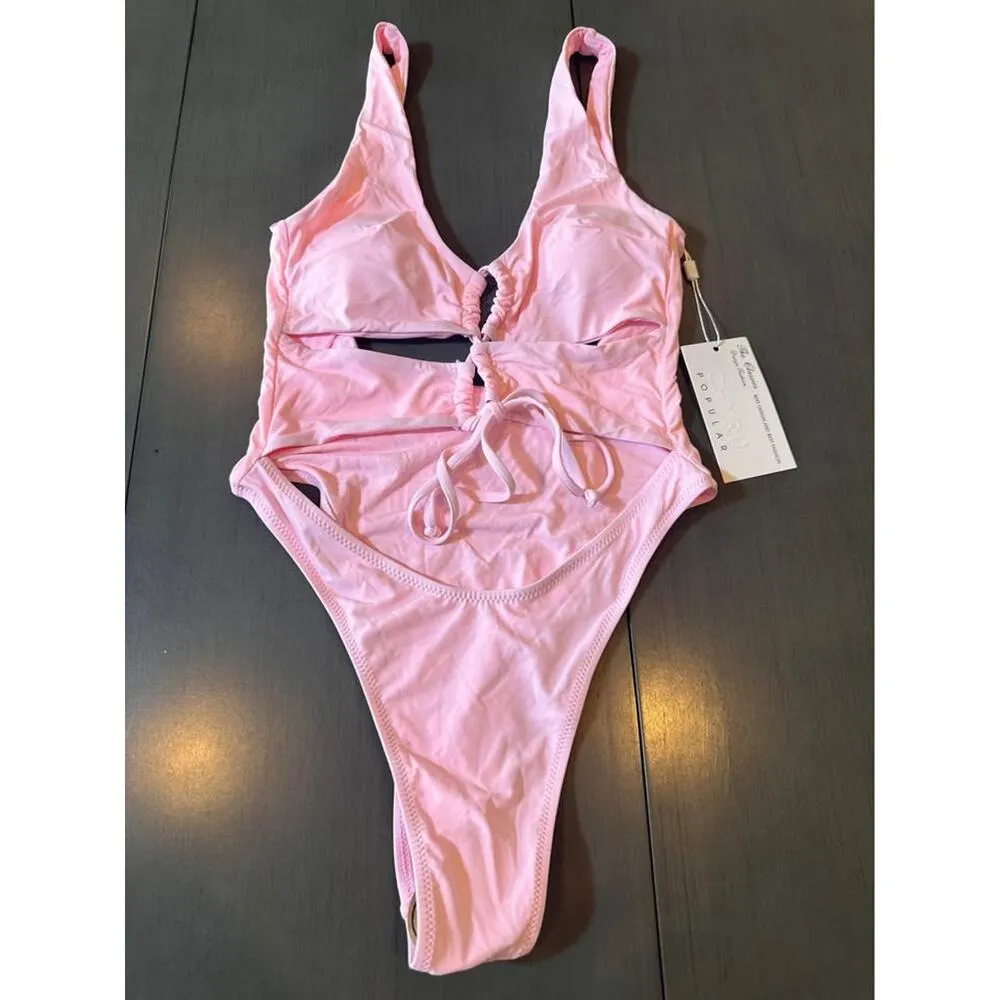 NWT: Cutout Lace Up Backless High Cut One Piece Swimsuit (s) Pink - Image 2