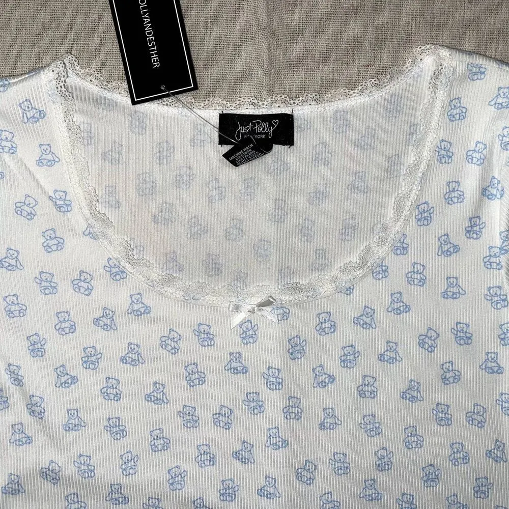 Just Polly NWT Cropped Teddy Bear Tee White & Blue - Image 3