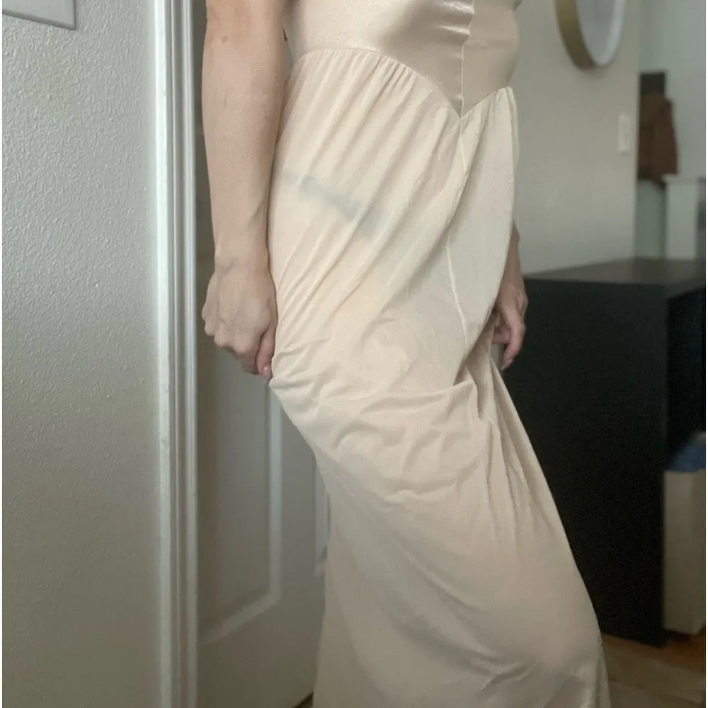 Vintage 70s Vanity Fair‎ Coquette Strapless Slip Dress Mini Rosette Lace Hem 32B Tan Size undefined - Image 2