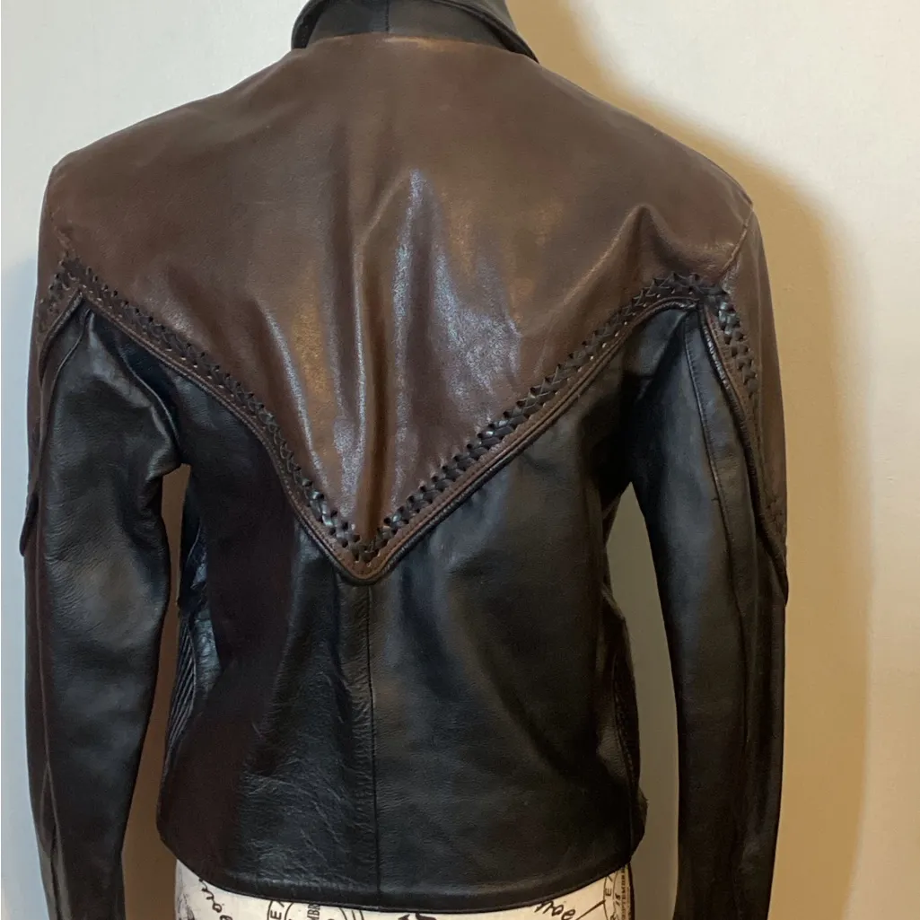 VINTAGE HEAVY LEATHER HIGHWAY LADIES RIDING JACKET BLACK/BROWN BRAIDED Size SM Black - Image 6