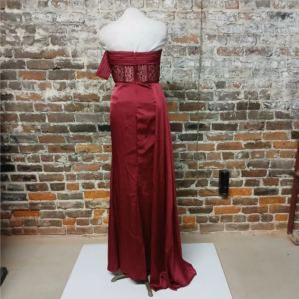 Faeriesty Formal Evening Gown Small Red Beaded Sequin Strapless Wedding Party - Image 2