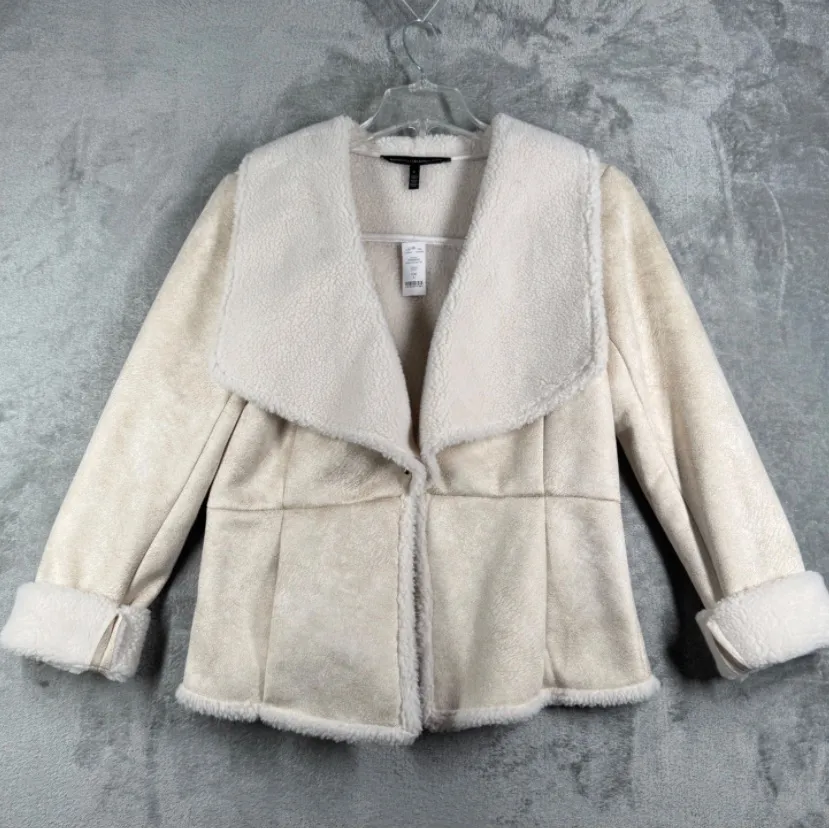 White House Black Market Jacket Women L Neutral Faux Shearling Drape Coat Winter - Image 2