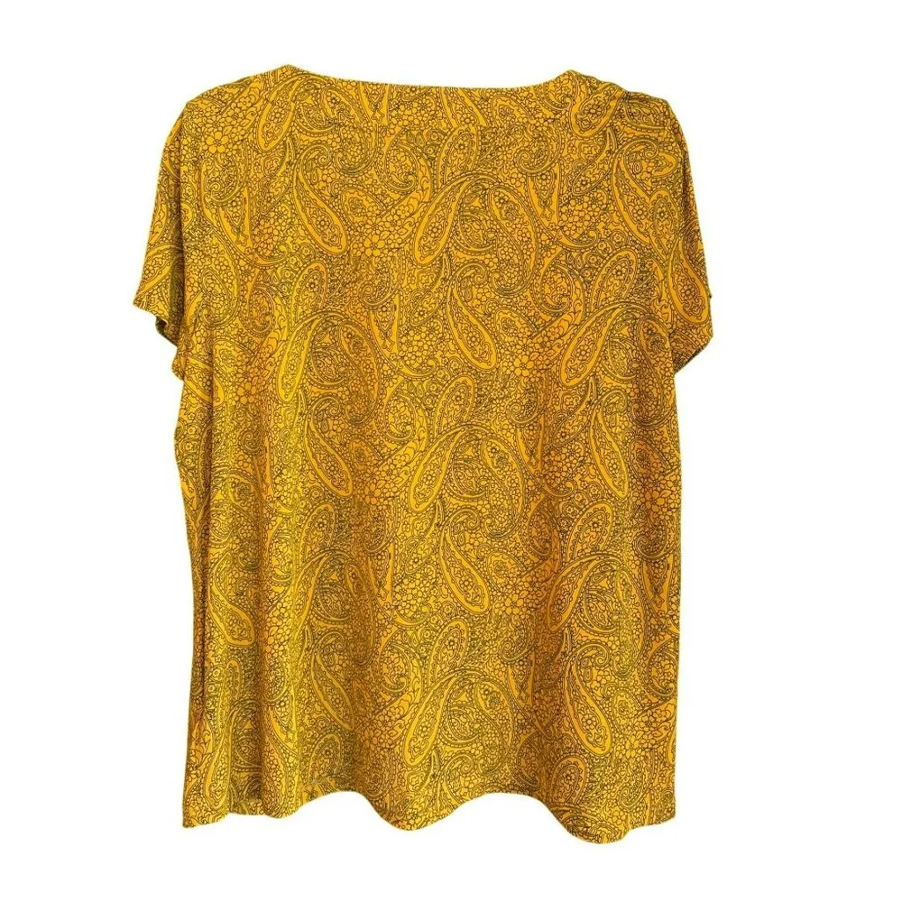 Liz Claiborne Yellow Paisley Short Sleeve Top Large Womens Shirt Grommet Detail - Image 3