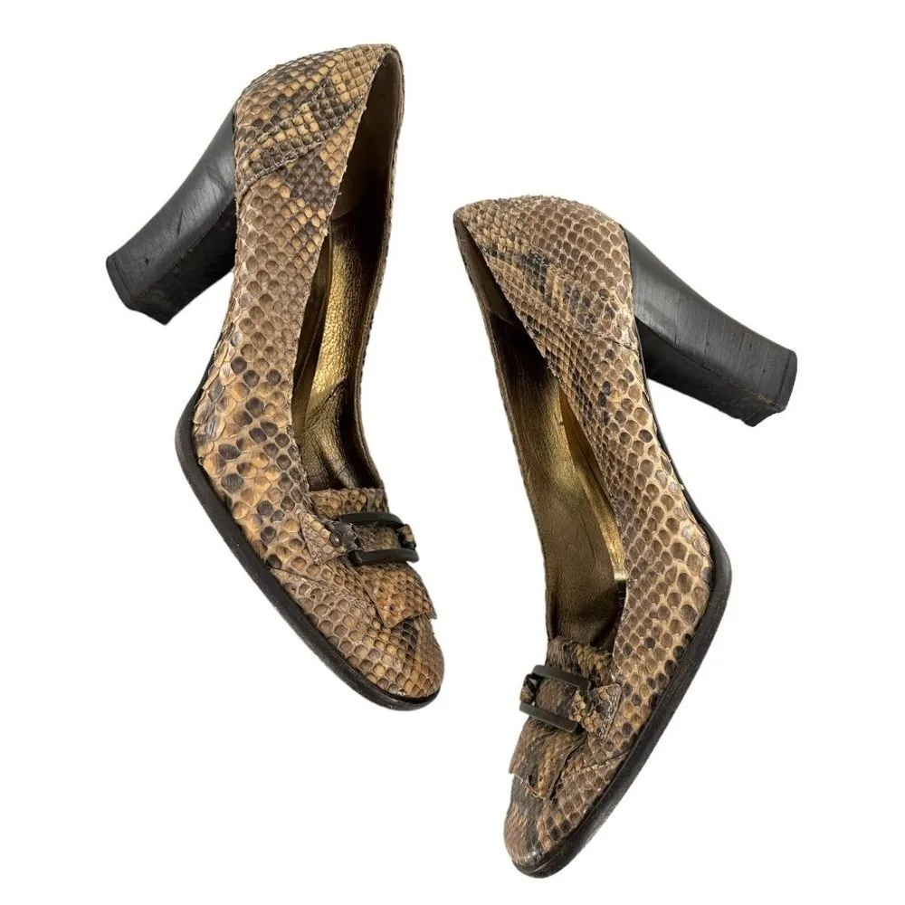 Dolce and Gabbana Brown Python Snakeskin Square Toe Kiltie Pumps Size 38 Heels - Image 2