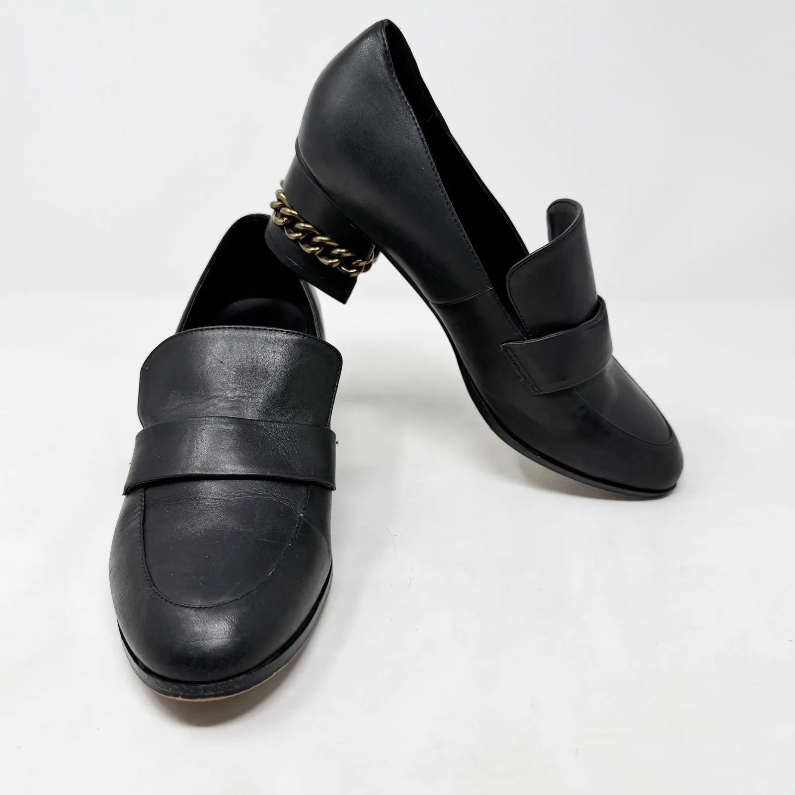 [Kurt Geiger London] Black Raquel Block Heel Leather Loafers Chain Sz 39 US 8.5 - Image 5