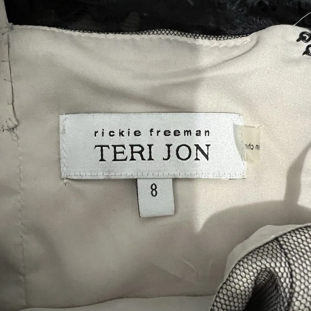 Rickie Freeman Teri Jon 3/4 Sleeves Lace Overlay Ruched Gown Black Beaded Size 8 - Image 9