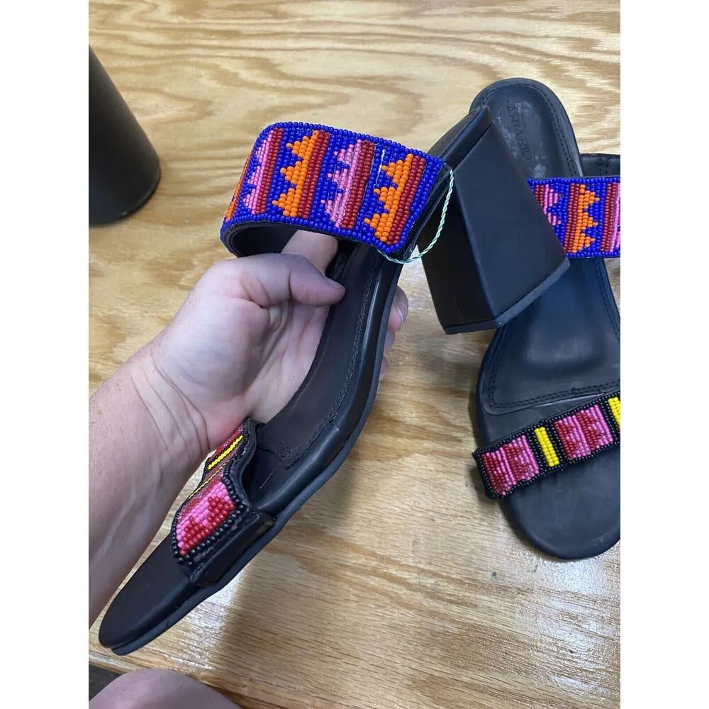 Farm Rio Womens 11 Black Leather Slip On Beaded Block Open Toe Slide Sandals S29 - Image 3