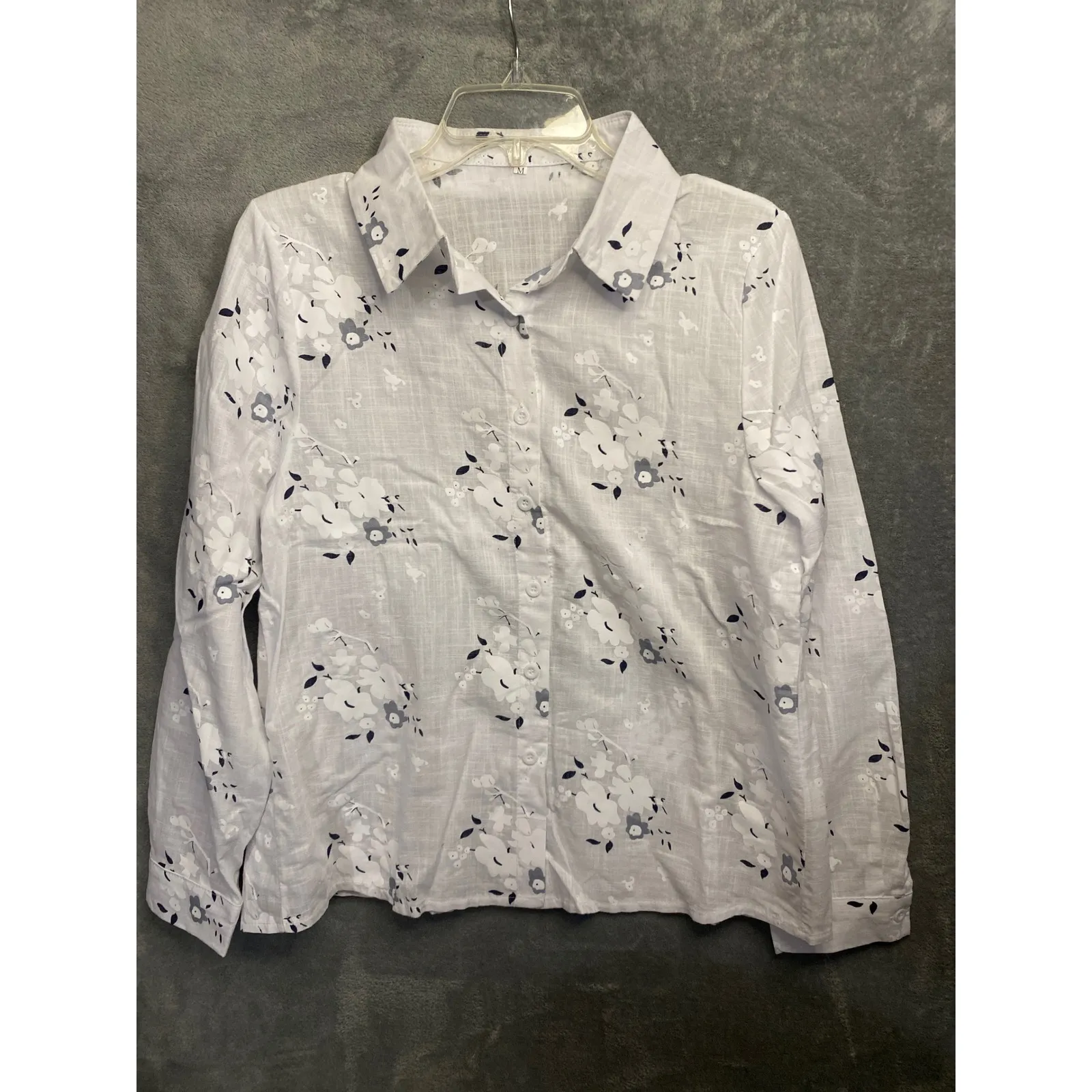Womens Button Up Shirt Floral Print Long Sleeve Collared Casual Top Size M White Size M - Image 6