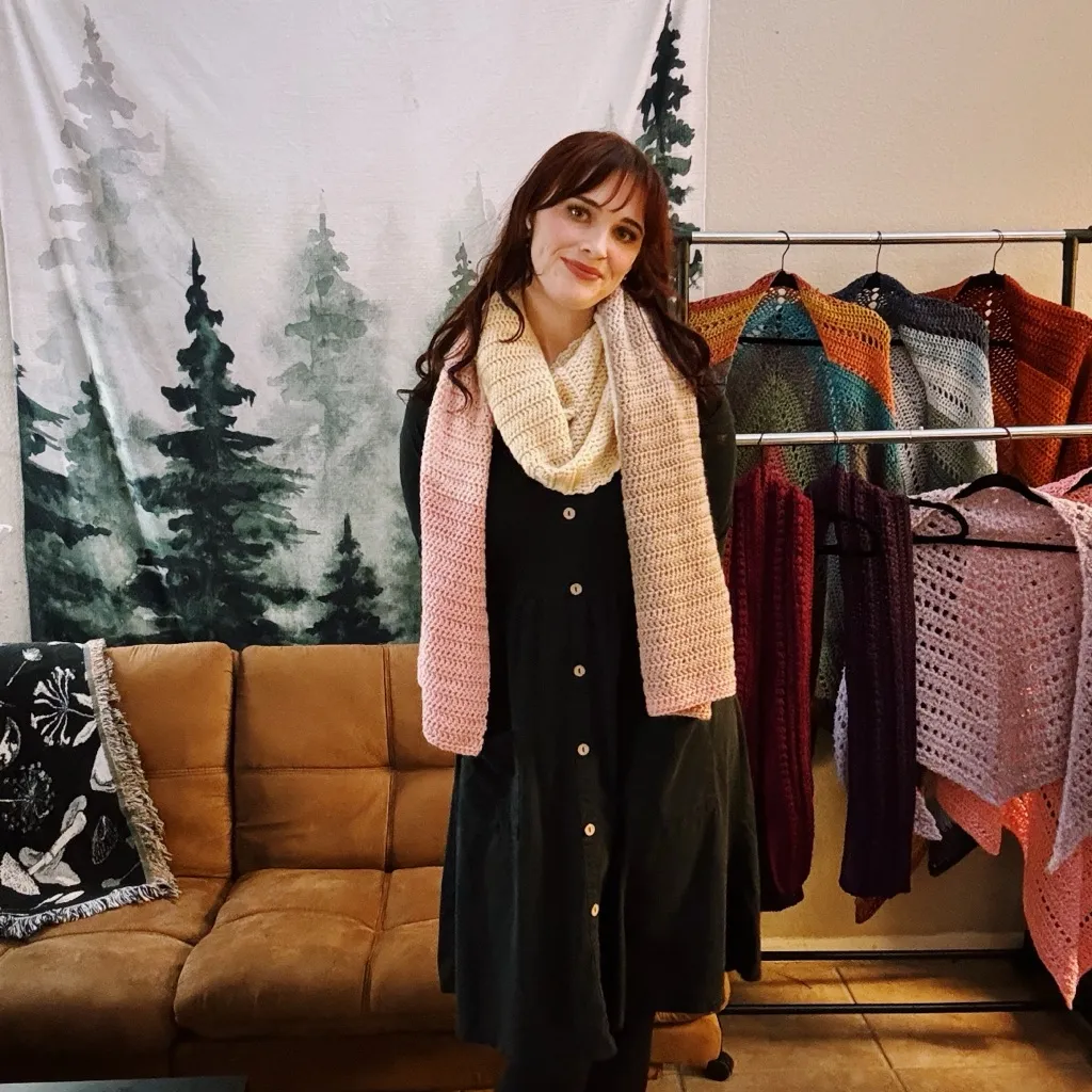 Extra-Long and Wide Pink, Cream, and Brown Crochet Scarf - Image 4