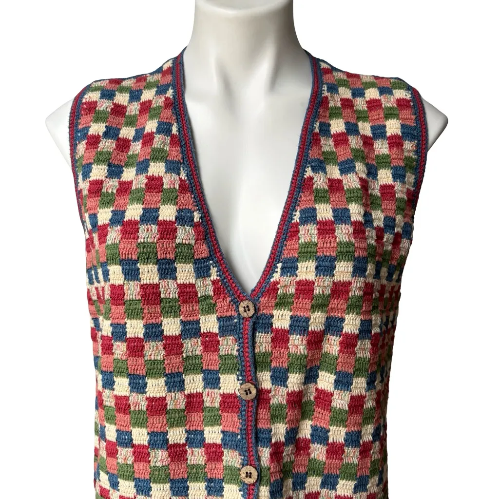 Koret Vintage Retro Hand Knitted Patchwork Sweater Vest, Sz M Blue Size M - Image 7