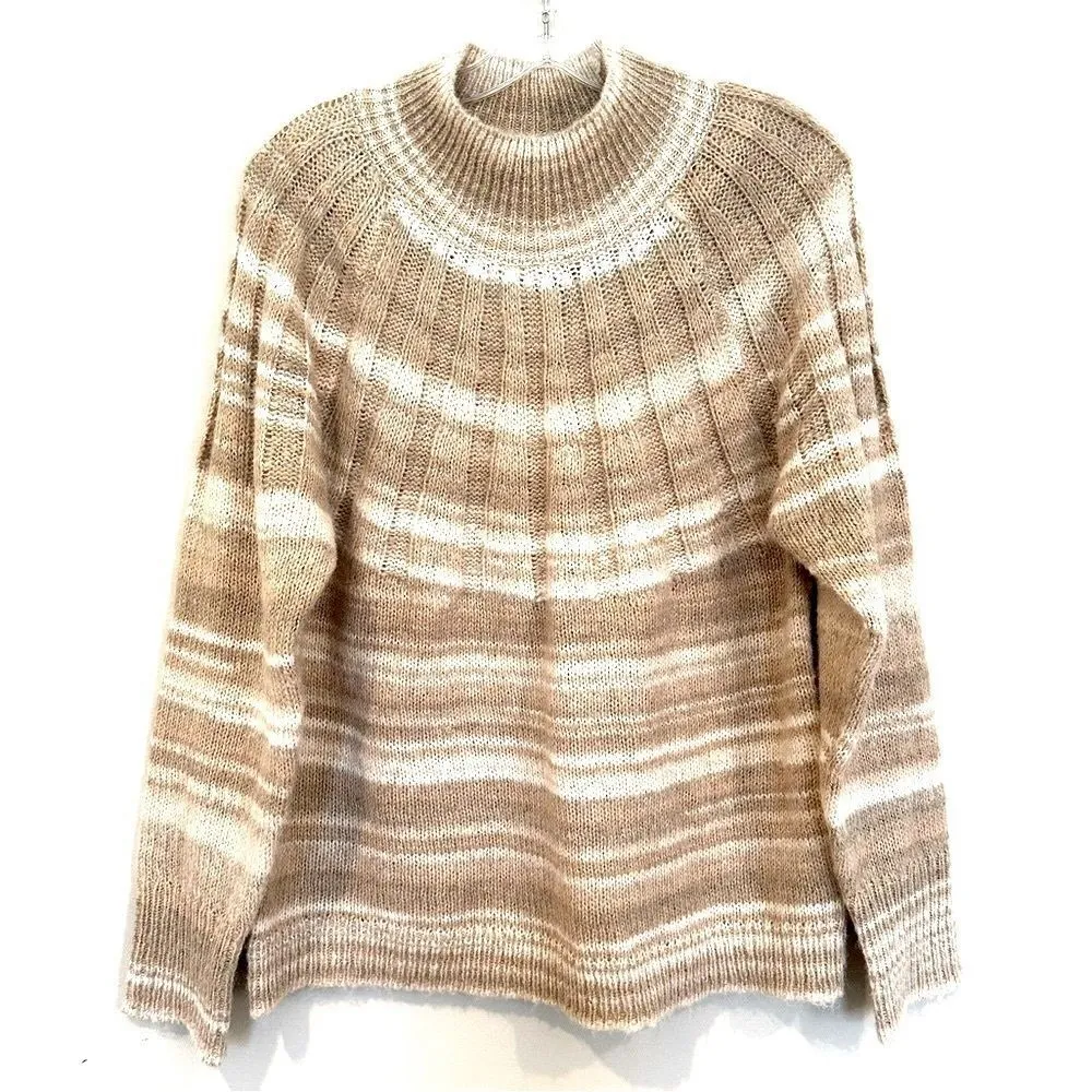 Knox Rose Faux Turtleneck Striped Sweater Women's Medium Tan‎ Cream Casual NWOT - Image 2