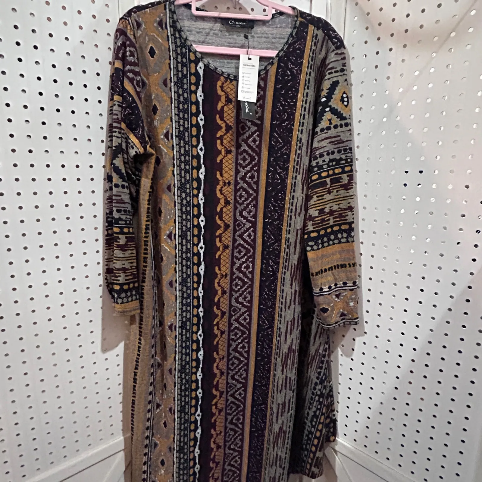 NWT ONEINE NEW ELEGANCE Long Sleeve Geometric Print Dress Tunic Burgundy Gold Brown Size XXL - Image 2