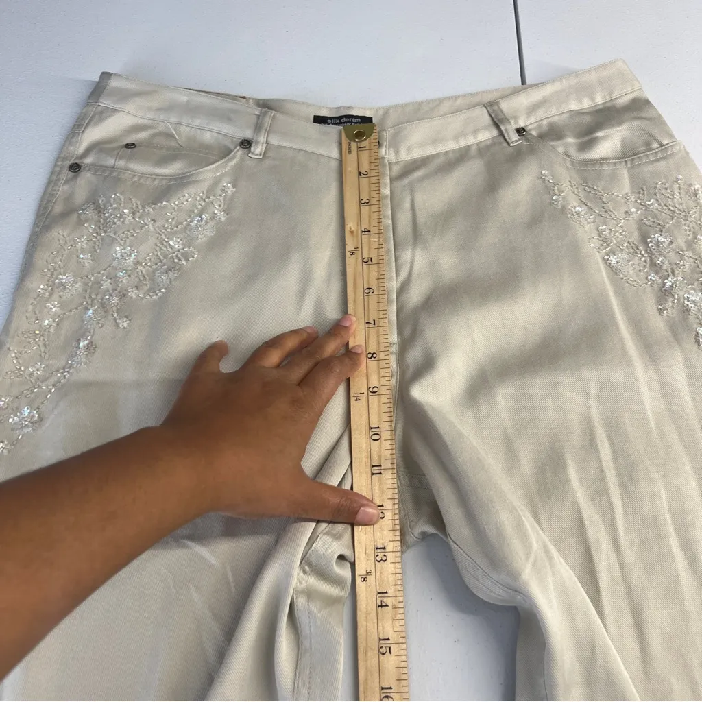 Anthony Sicari Silk Denim Lightweight Floral Sequin Beaded Bootcut Pants Size 14 Tan - Image 13