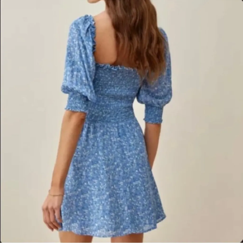 Reformation Suzette Blue Floral Smocked Puff Sleeve Mini Dress Size 12 NWT - Image 3