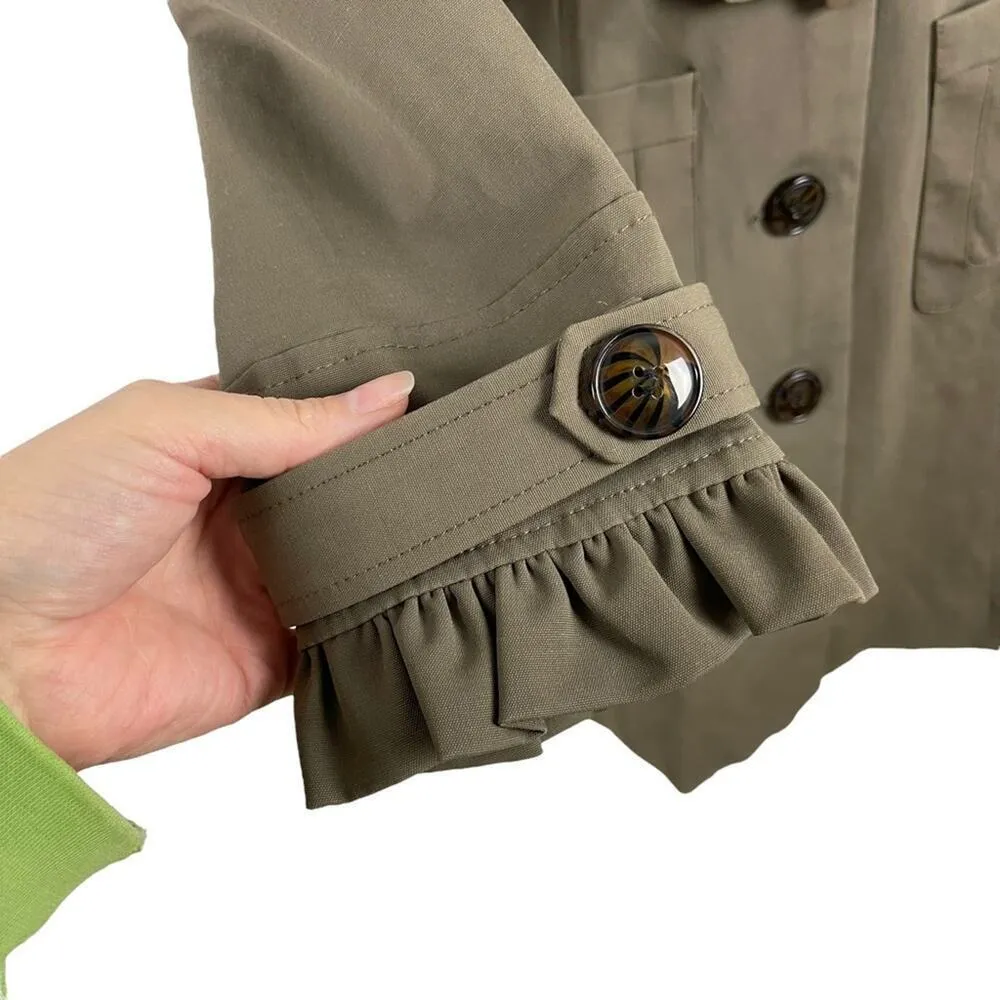 BLANC NOIR Belted Tailored Office Siren Trench Coat Ruffle Cuffs Medium Green - Image 4
