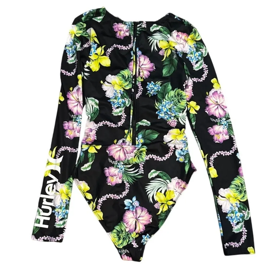 Hurley Floral Long Sleeve One-Piece Rashguard Swimsuit Black Tropical Size XL - Image 2