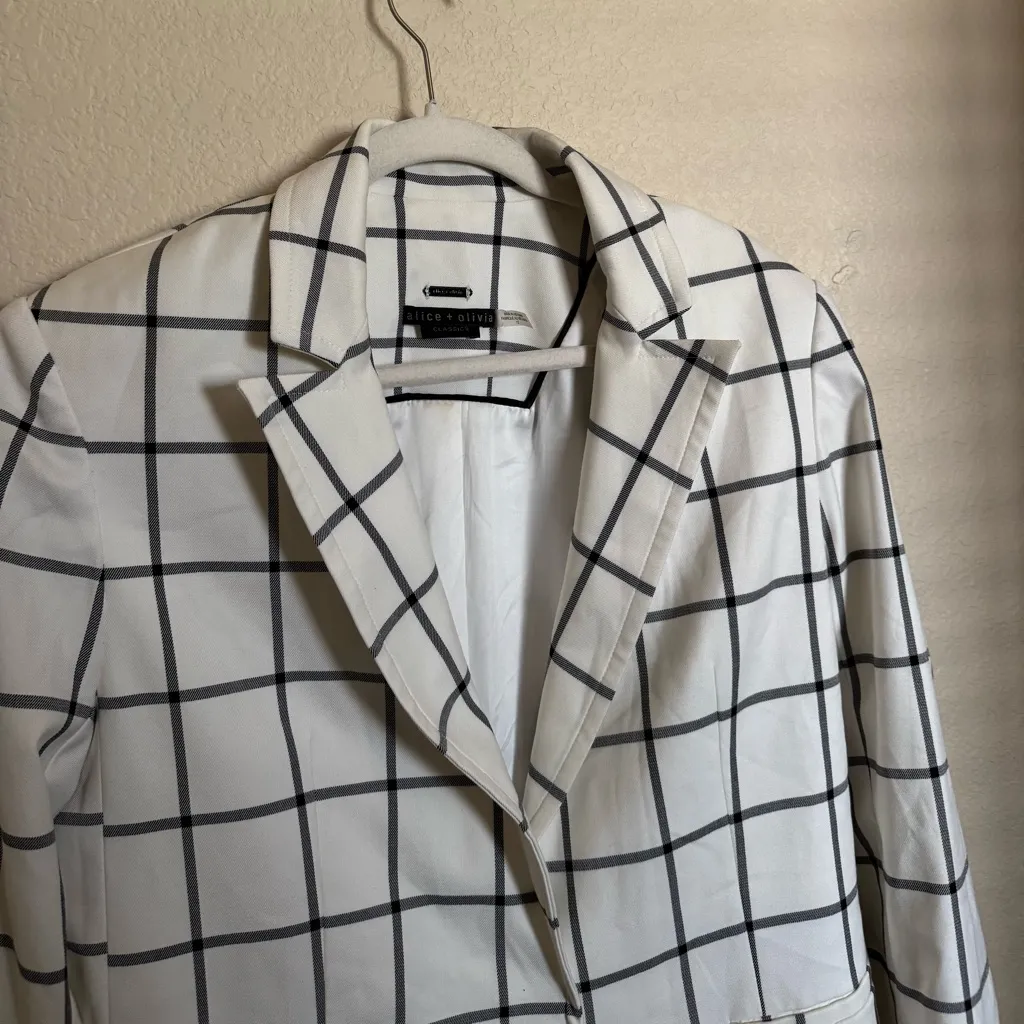 Alice and Olivia Breann Padded Shoulder Blazer Sz 12 Window‎ Pane Plaid White - Image 6