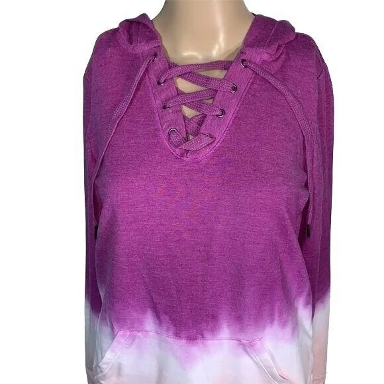 Ideology Womens Hoodie Sweatshirt Pullover Ombre Laced Bodice Long Sleeve Pink - Image 6