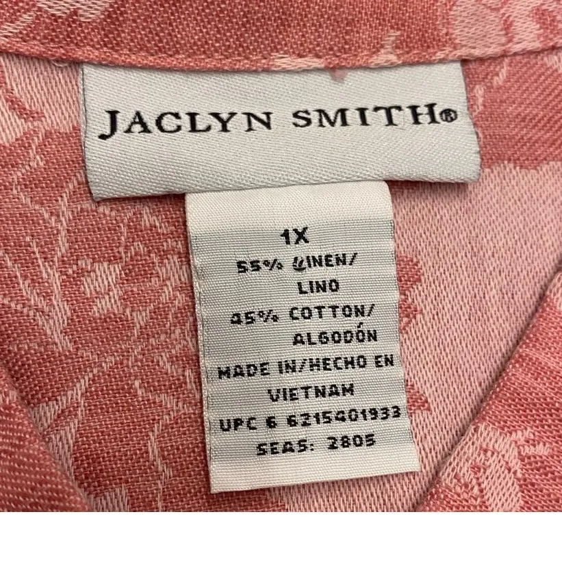 Jaclyn Smith Pink Floral Linen Cotton Button Front Tunic Top 1X Mandarin Collar - Image 7