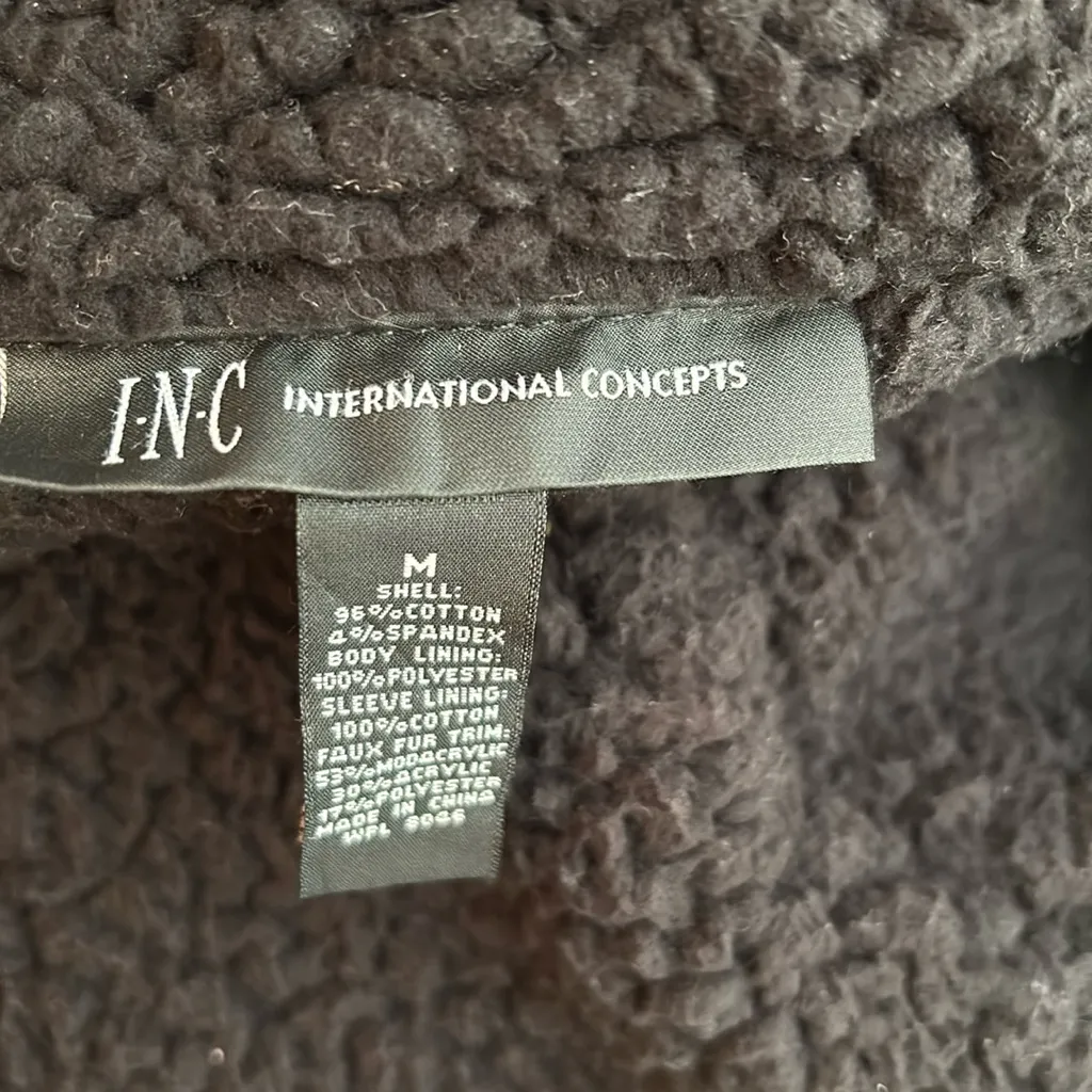 INC black jersey knit hooded jacket sherpa lined removable faux fur collar Size M - Image 12